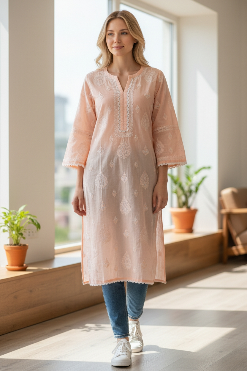 Cotton Chikankari Hand Embroidered Kurti for Women | Premium Soft  | 44 Inch Length | Lucknowi Chikan Kurta