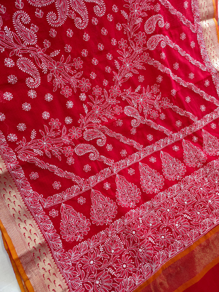 Hand Embroidered Chikankari Banarasi Silk Saree with Intricate Border & Palla Pattern – Includes  Blouse | Paridhan Chikan