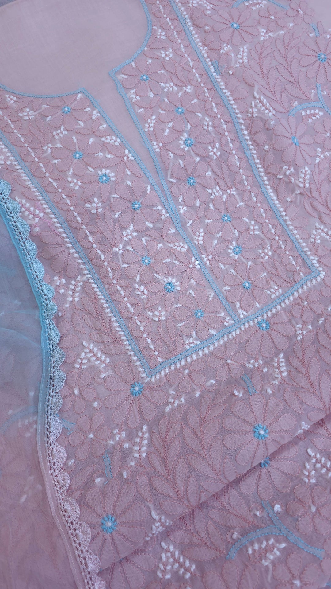 Lucknow Chikankari Hand Embroidered Cotton Dress Material with Tri-Color Motifs & Pure Chiffon Dupatta