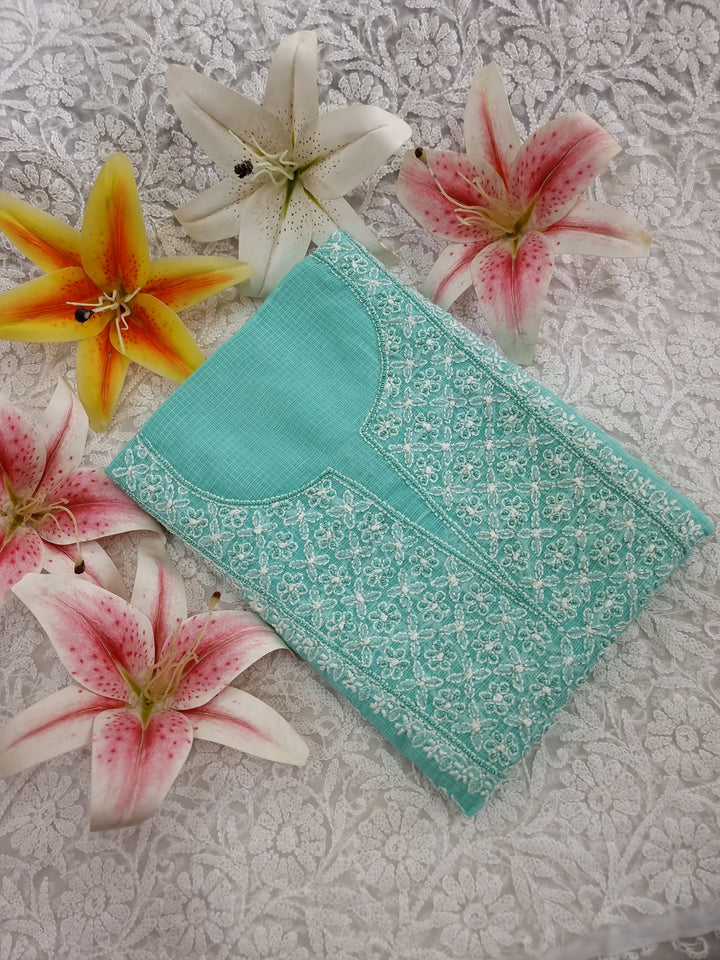 KOTA CHIKANKARI DRESS MATERIAL WITH PEARL - TERQUOISE