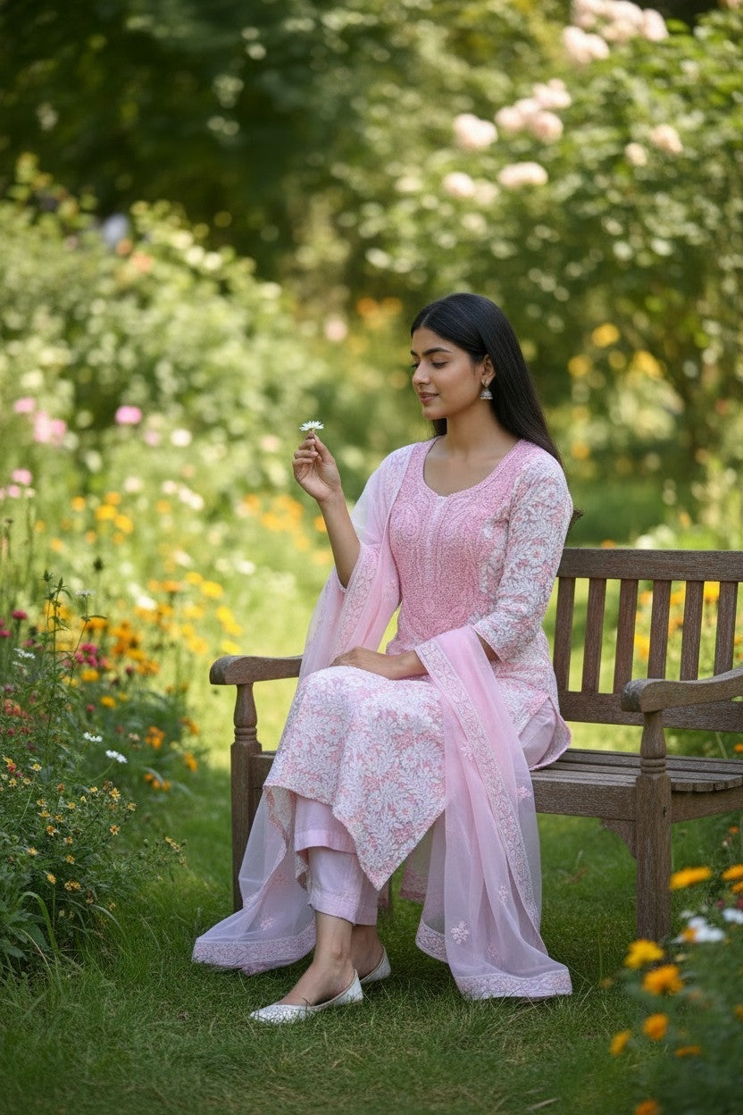 Unstitched Georgette Chikankari Dress Material | Hand Embroidered Kurta, Bottom & Dupatta