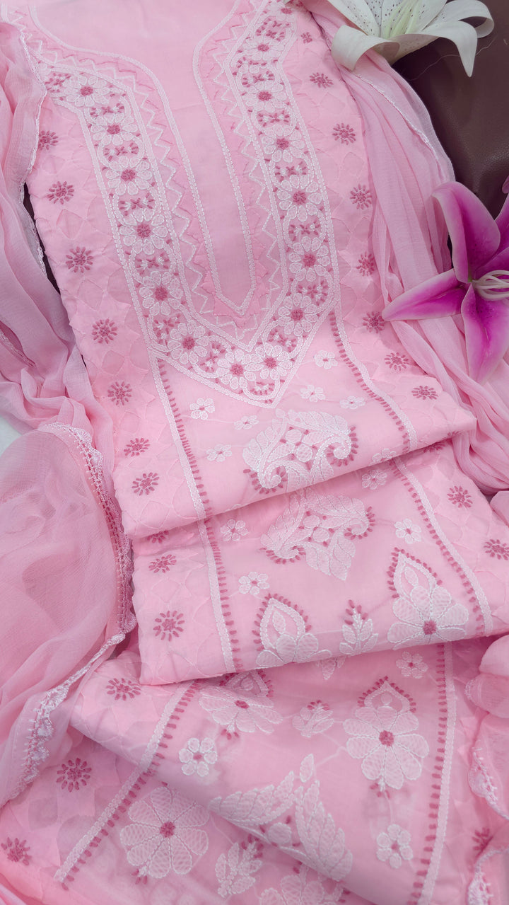 Darz Lucknowi Chikankari  Dress Material – Handmade Cotton Suit with Chiffon Dupatta