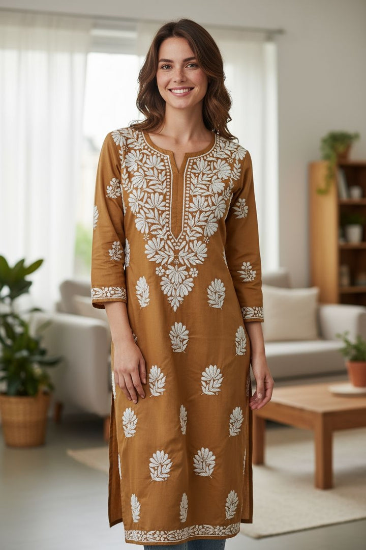 Modal Satin Chikankari Long Kurta | Hand-Embroidered Lucknowi Kurti for Women