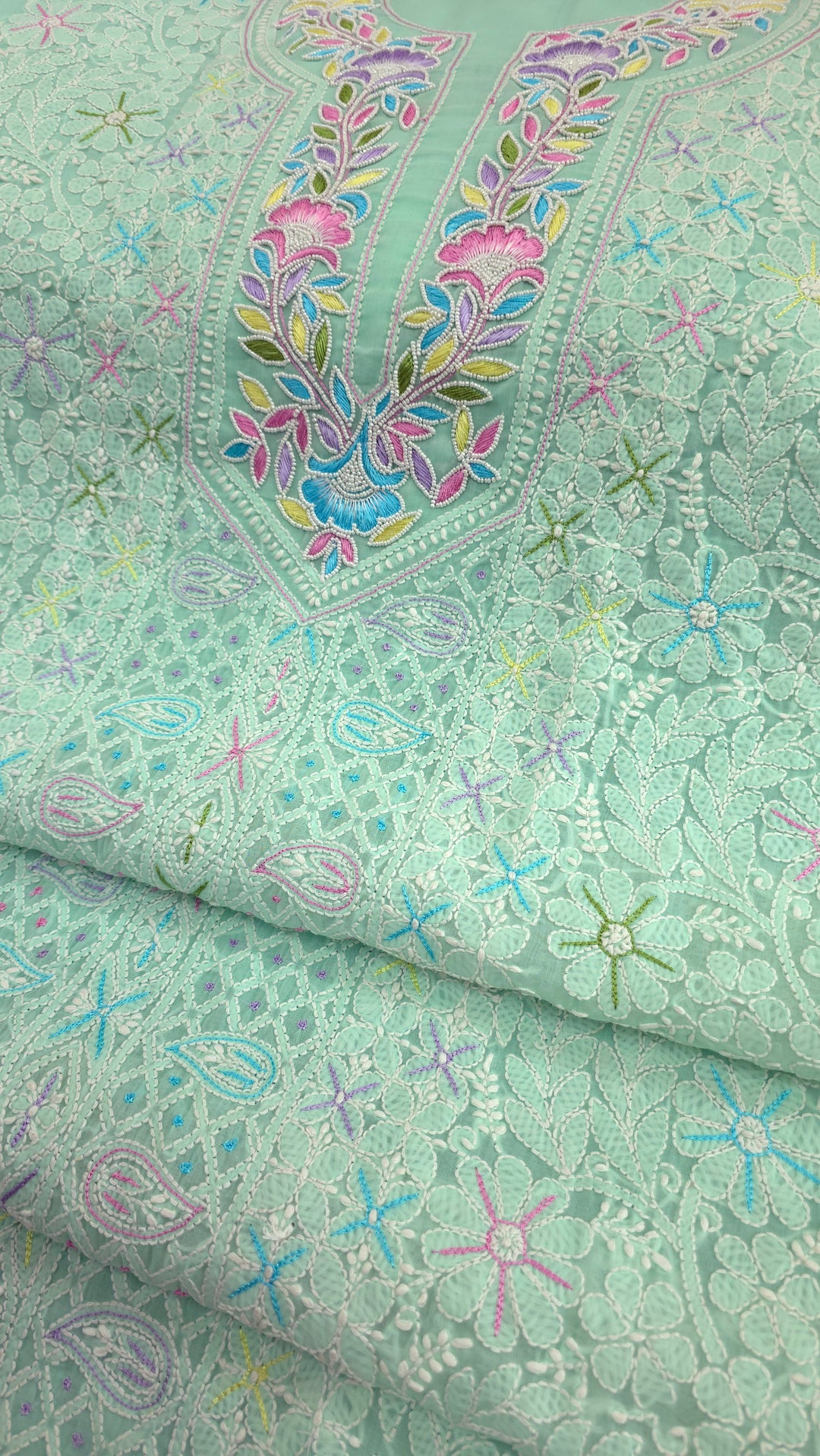 Cotton Resham Neckline chikankari dress material- Sea Green