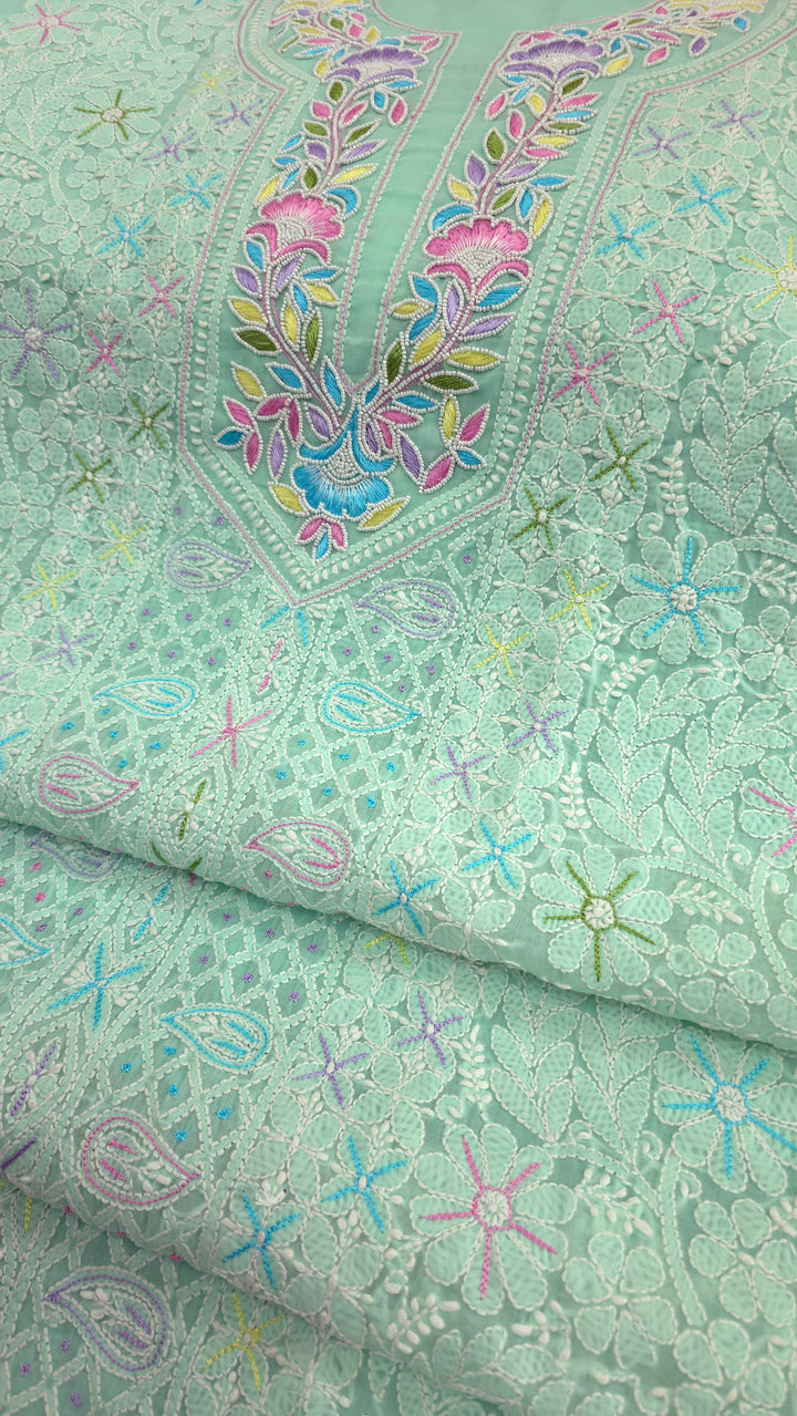 Cotton Resham Neckline chikankari dress material- Sea Green