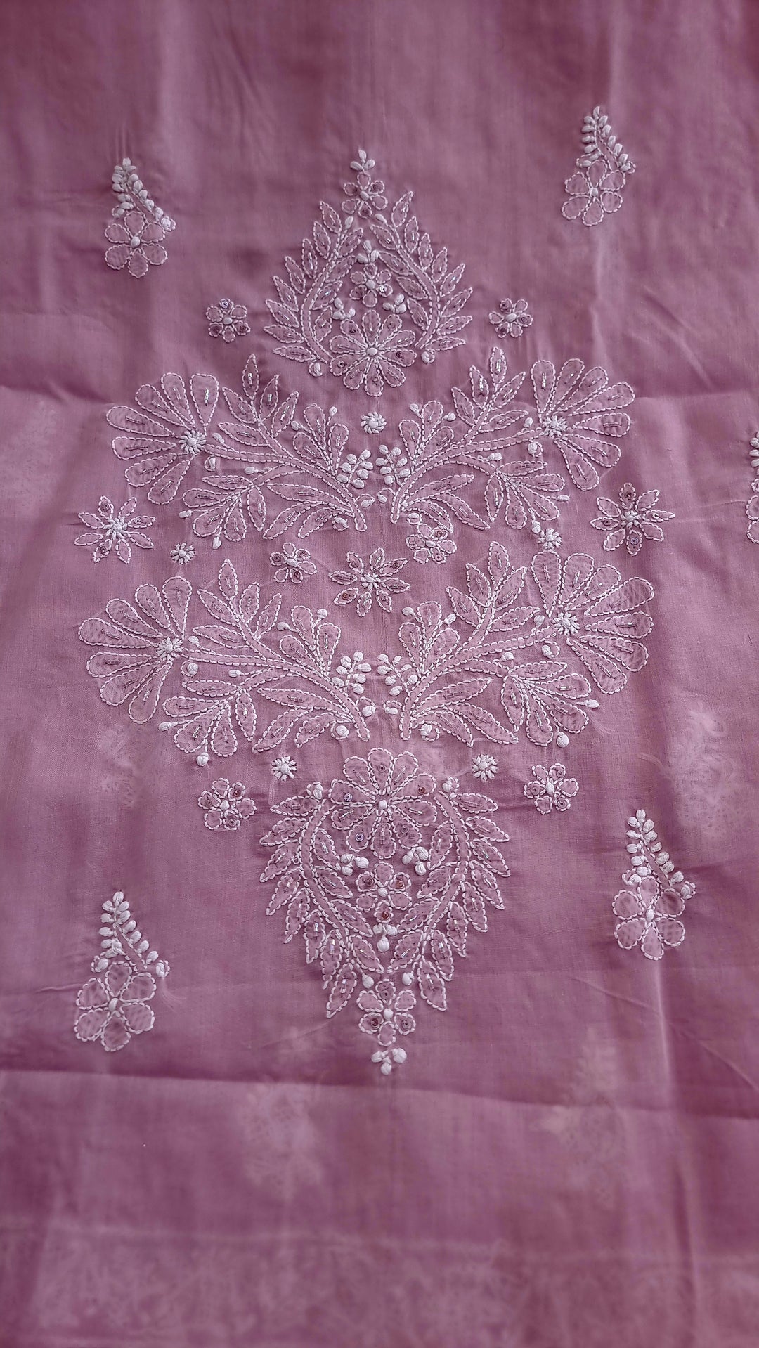 Wine Pink Hand Embroidered Chikankari Cotton Unstitched Dress Material with Sequins, Cutdaana, Resham & Badla Work
