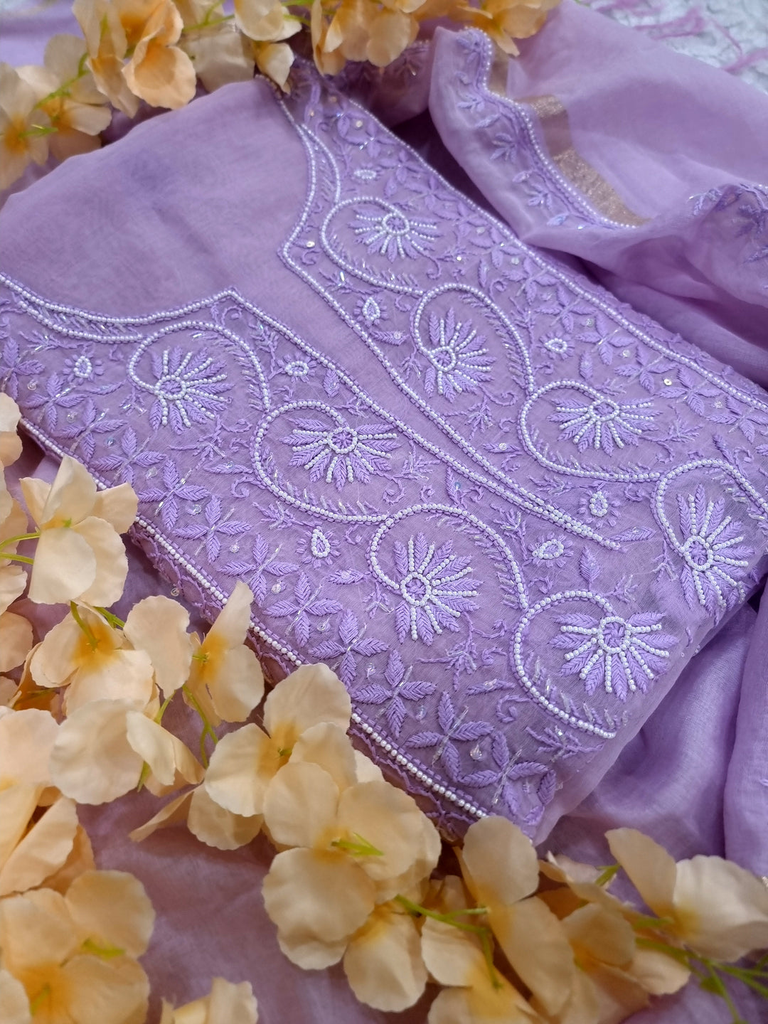 Premium Mul Chanderi Supersoft Dyeable Chikankari Dress Material | Hand Embroidered with Pearls & Cutdaana | Kurta & Dupatta Set