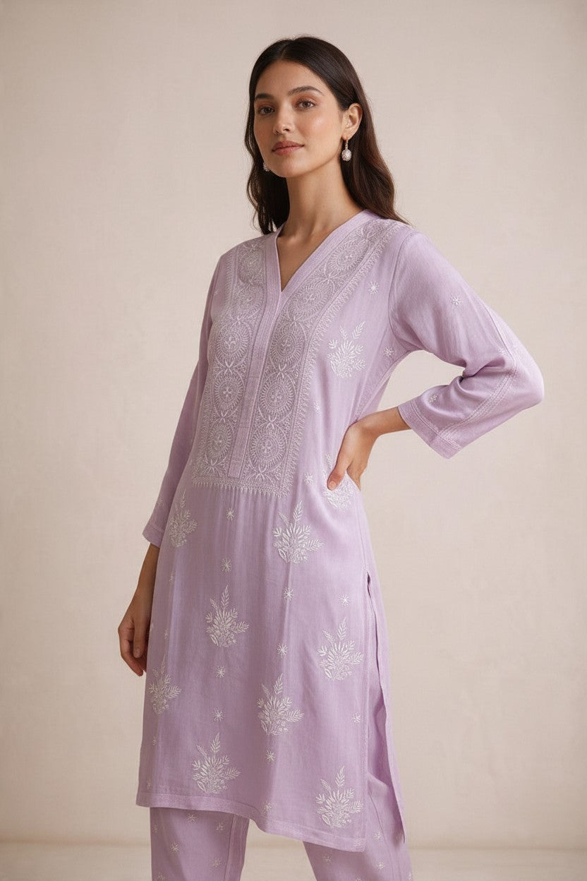 Luxe-Pure Modal satin luxurious kurti pants set with *2 taar chikankari work*