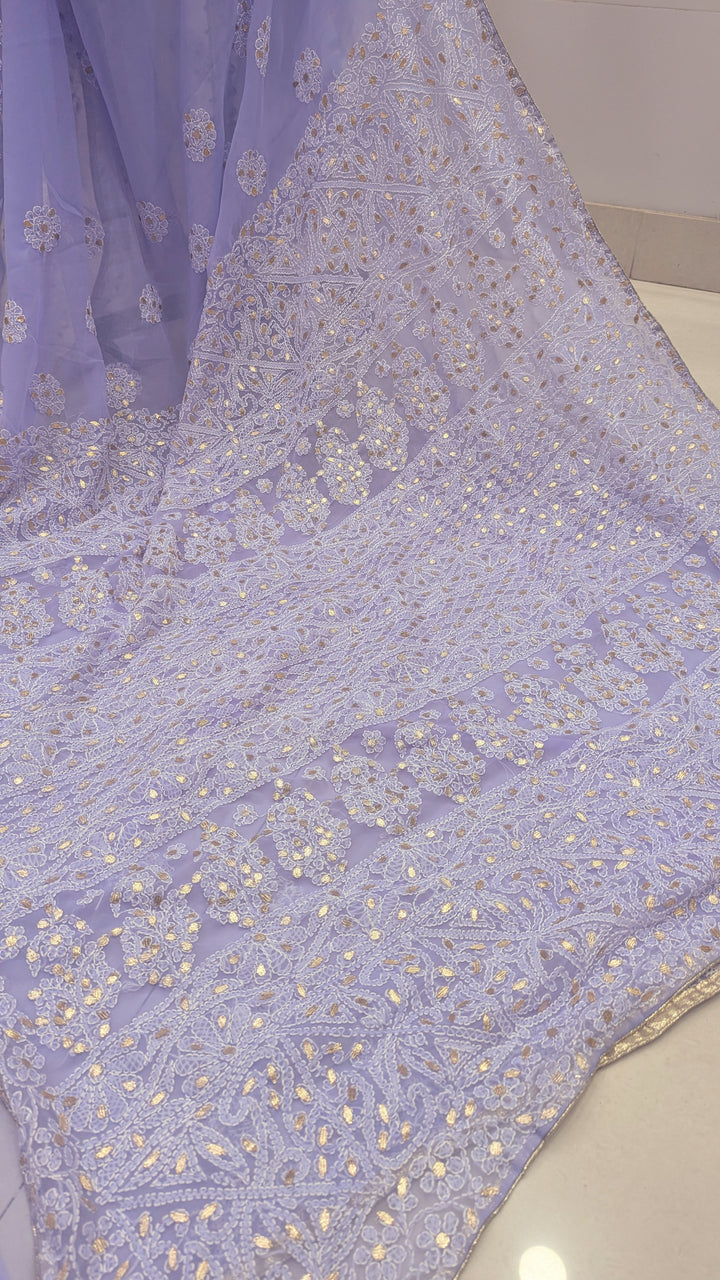 Embellished with Gota Patti | Hand Chikankari Faux Georgette Saree | Lucknowi Embroidery | Designer Festive Wear by Paridhan Chikan
