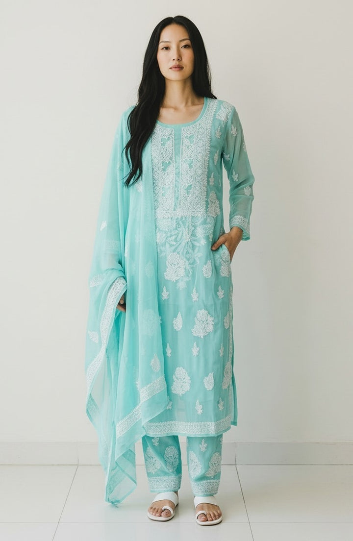 "Paridhan Chikan Georgette Lucknowi Chikankari Unstitched Suit Set – Hand Embroidered Kurta, Bottom & Dupatta for Women"
