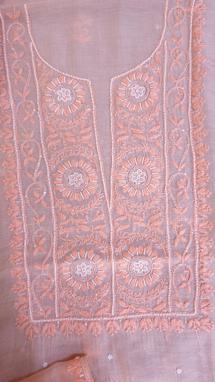 Hiba Premium Mul Chanderi Supersoft Dyeable Chikankari Dress Material | Hand Embroidered with Pearls & Cutdaana | Kurta & Dupatta Set