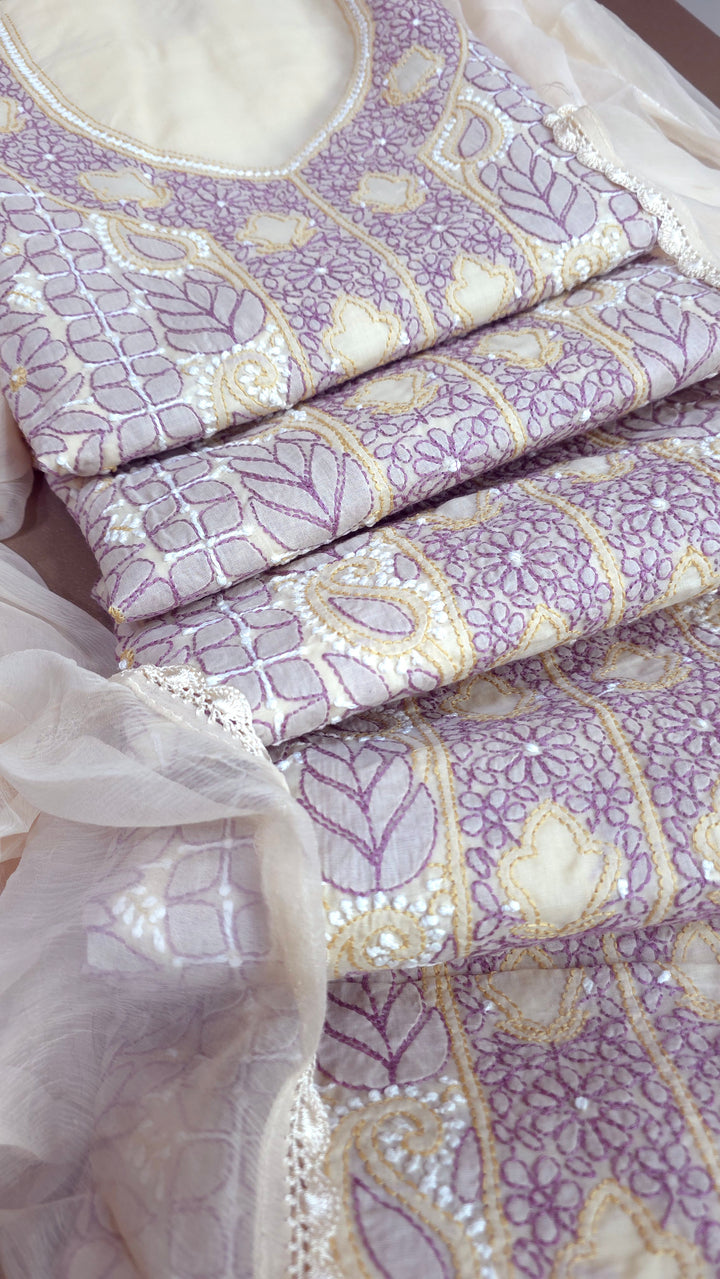 Lucknow Chikankari Hand Embroidered Cotton Dress Material with Tri-Color Motifs & Pure Chiffon Dupatta