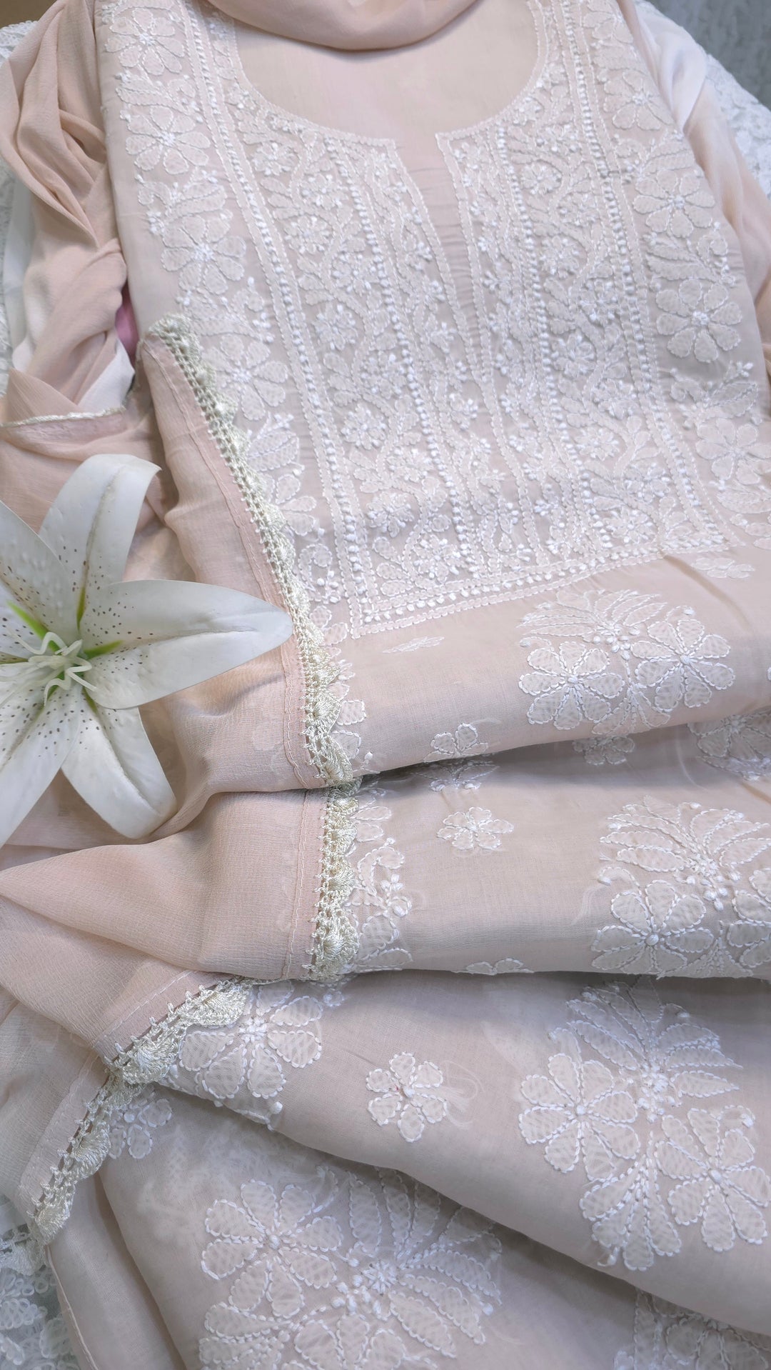 Paridhan Chikan Premium Handcrafted Chikankari Cotton Suit Set | Unstitched Dress Material with Chiffon Dupatta | Made in Lucknow