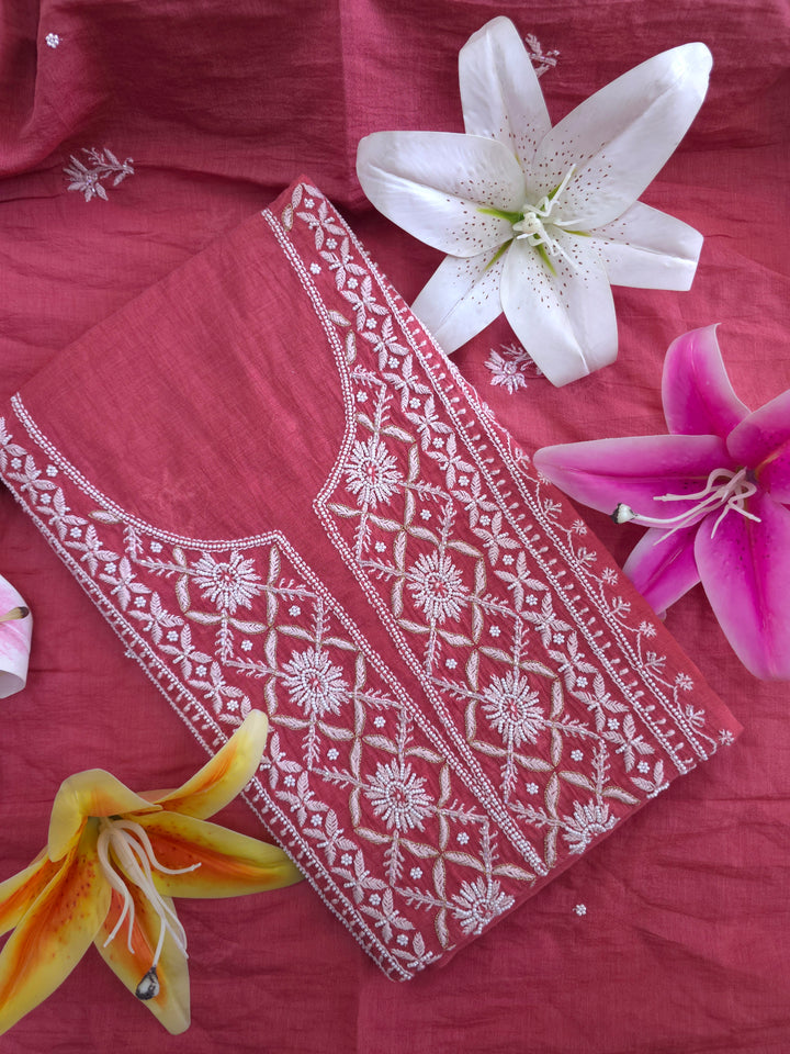 Premium Mul Chanderi Pearl, Cutdana & Kasab Hand Embroidered Unstitched Suit Set