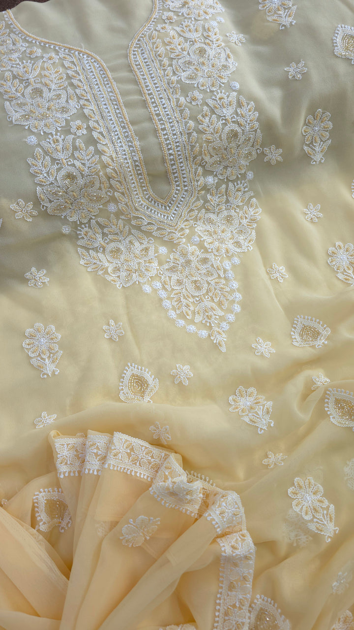 Alina Heavy Embellished Georgette Chikankari Unstitched Dress Material | Cutdana Handwork