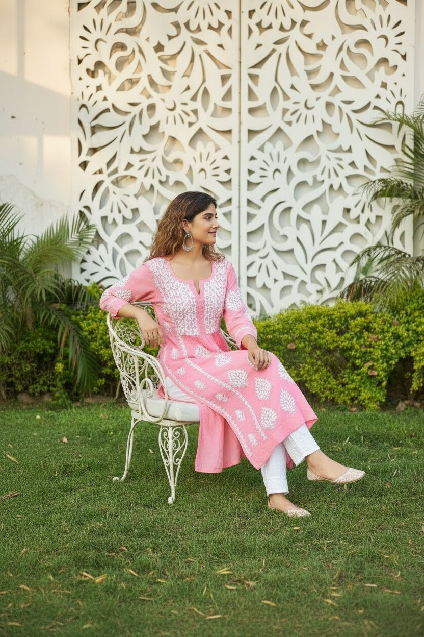 Modal Chikankari Nyra Kurti- Carrot