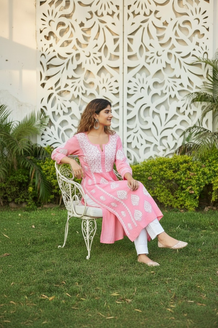 Modal Chikankari Nyra Kurti- Carrot