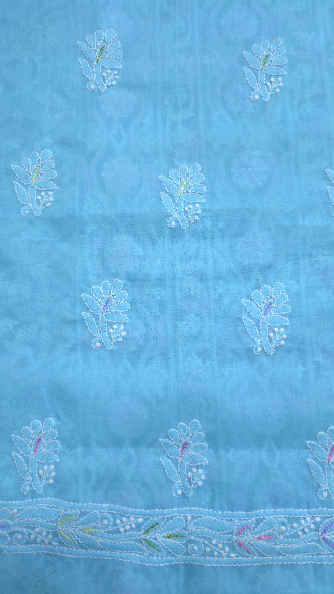 Cotton Resham Neckline chikankari dress material- Blue