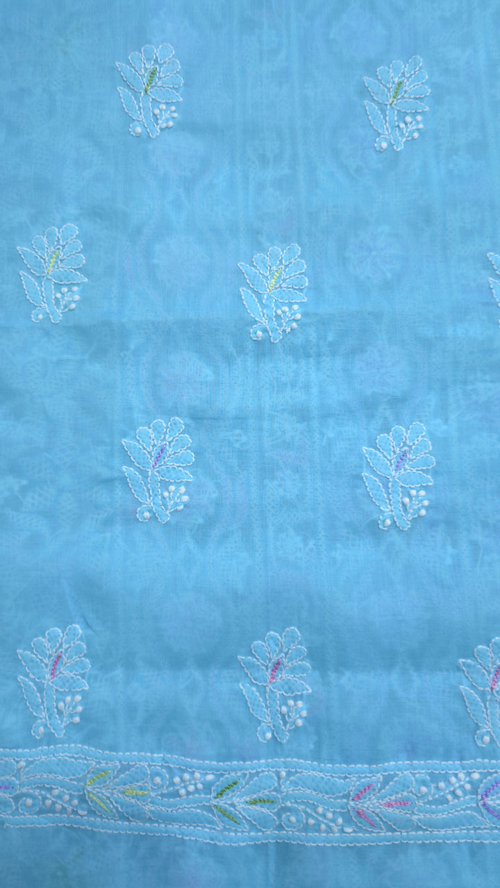 Cotton Resham Neckline chikankari dress material- Blue