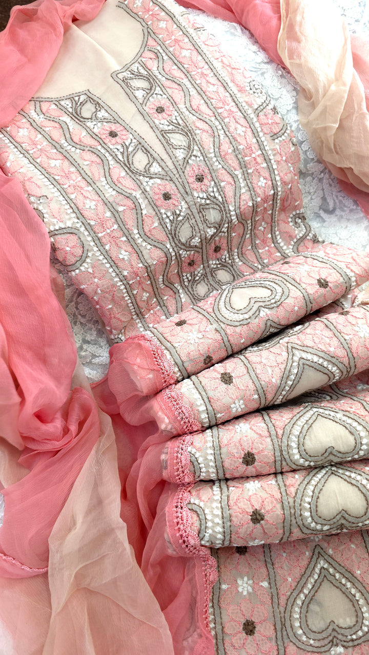Lucknow Chikankari Hand Embroidered Cotton Dress Material with Tri-Color Motifs & Pure Chiffon Dupatta