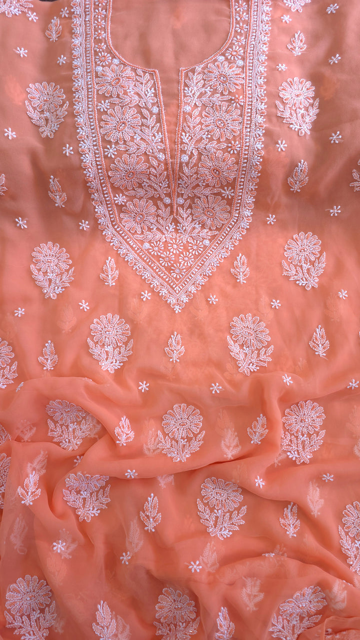 Alina Heavy Embellished Georgette Chikankari Unstitched Dress Material | Cutdana Handwork