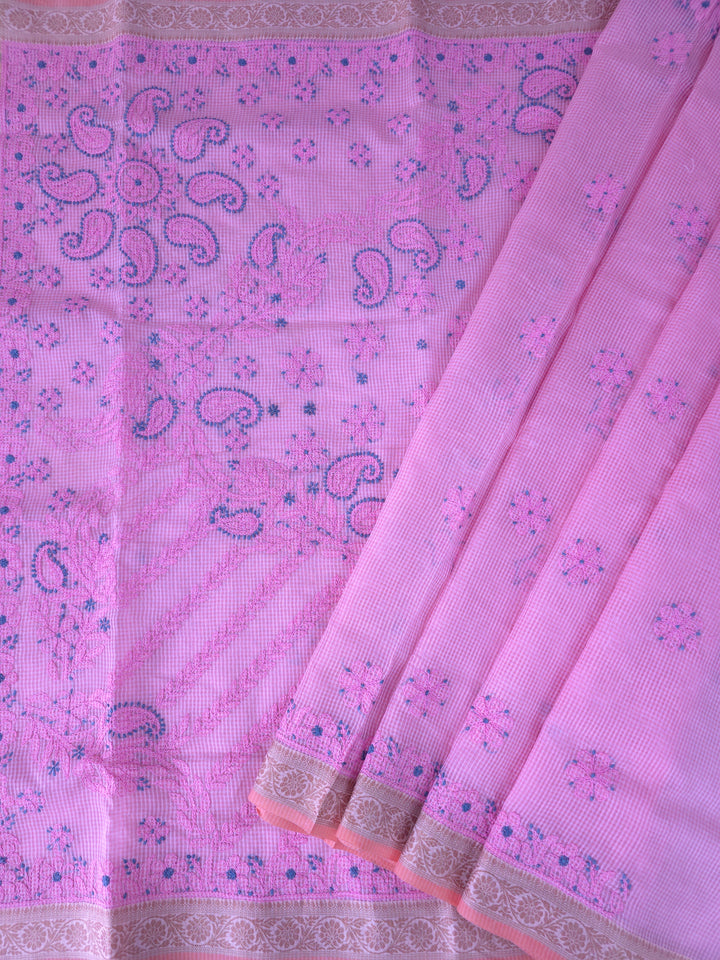 Hand Embroidered Chikankari Banarasi Silk Saree with Intricate Border & Palla Pattern – Includes  Blouse | Paridhan Chikan