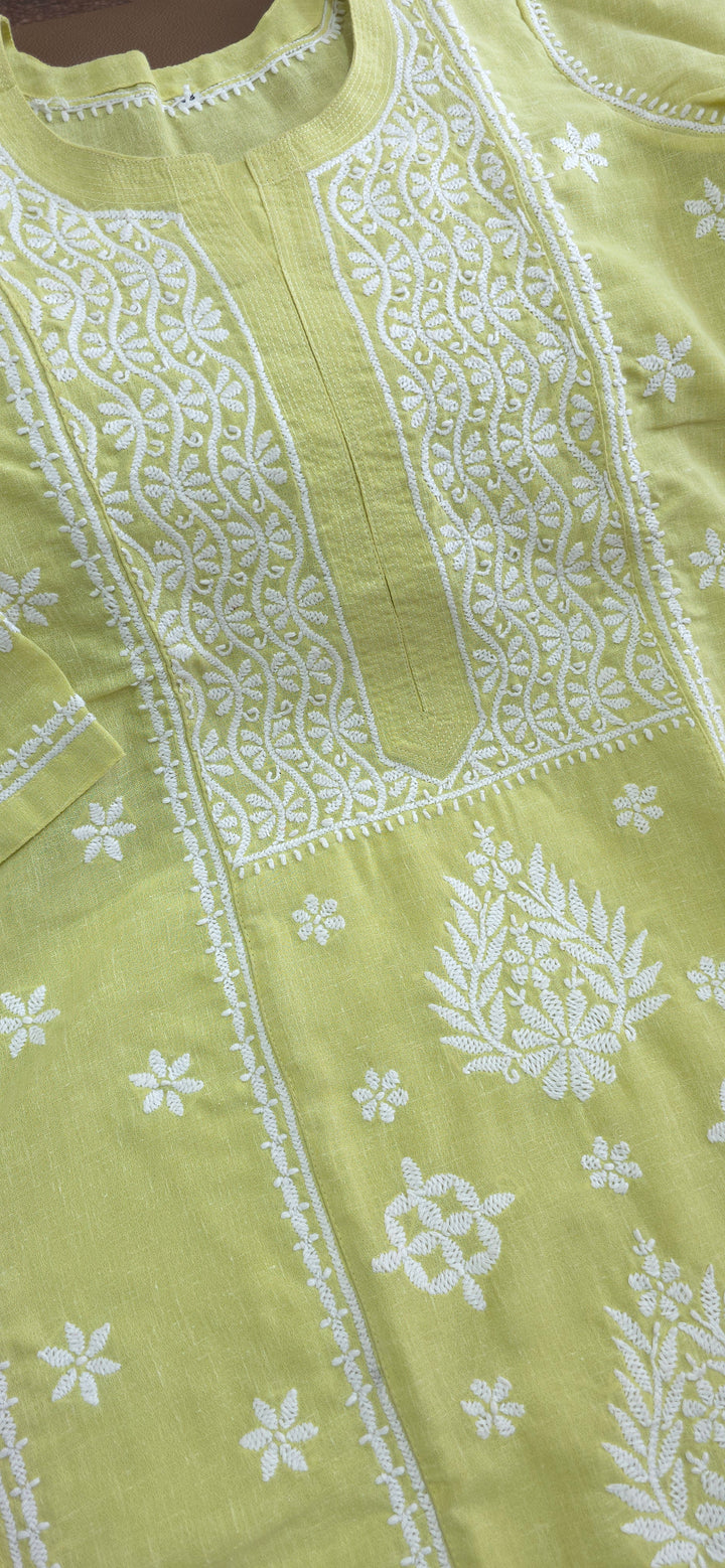 Hand Embroidery Chikankari Linen Kurti - Pista Green