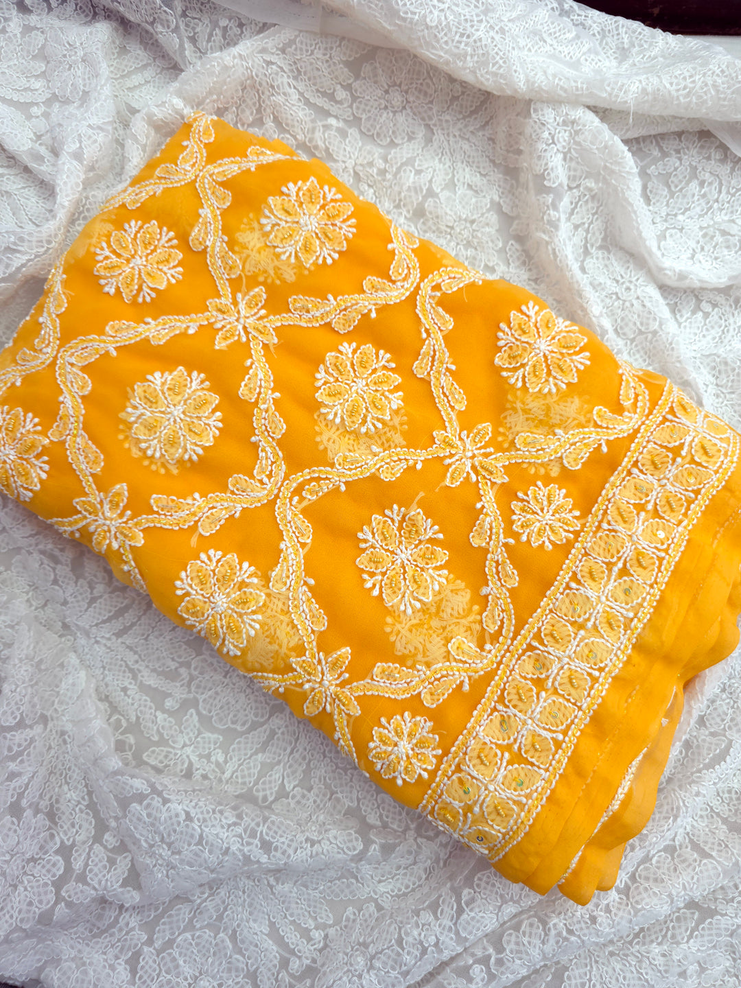 Pearl Chikankari Saree on Faux Georgette with Matching Blouse | Hand Embroidered Lucknowi Saree | Paridhan Chikan Heritage Collection