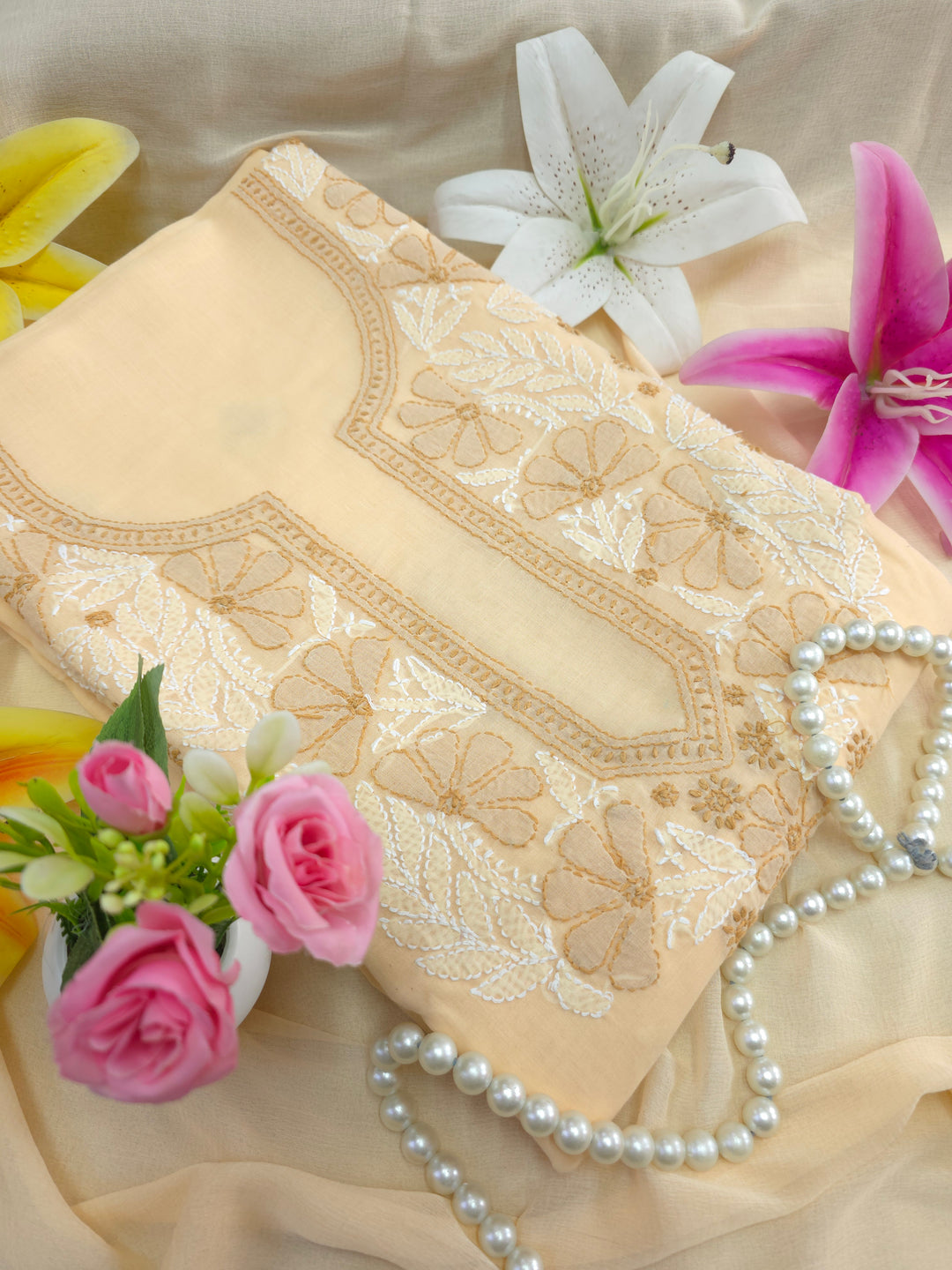 Paridhan Chikan Premium Cool Cotton Chikankari Dress Material Set with Hand Embroidered Kurta, Bottom & Chiffon Dupatta with Handmade Crochet Border