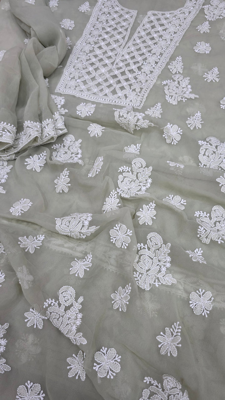 Lucknowi Georgette Chikankari Dress Material – Hand Embroidery Kurta, Bottom & Dupatta | Festive Queen Shades