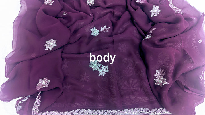 Faux Georgette Hand Chikankari Saree with Exclusive Border & Palla Design | Embroidered Blouse Included | Authentic Lucknow Handicraft by Paridhan Chikan