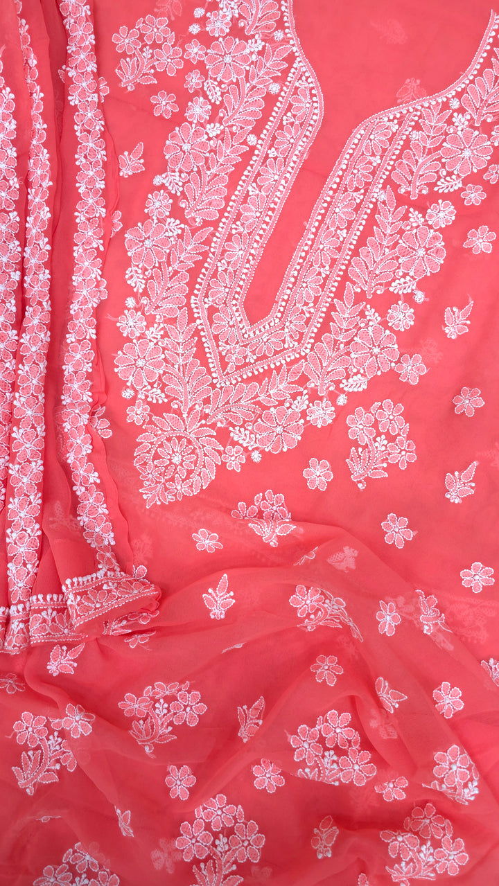 Lucknowi Georgette Chikankari Dress Material – Hand Embroidery Kurta, Bottom & Dupatta | Festive Queen Shades