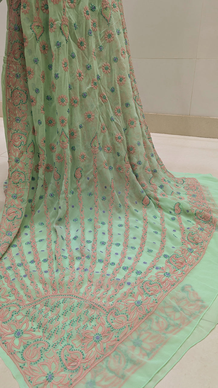 Faux Georgette Hand Chikankari Saree with Exclusive Border & designer Palla Design | Embroidered Blouse Included | Authentic Lucknow Handicraft by Paridhan Chikan
