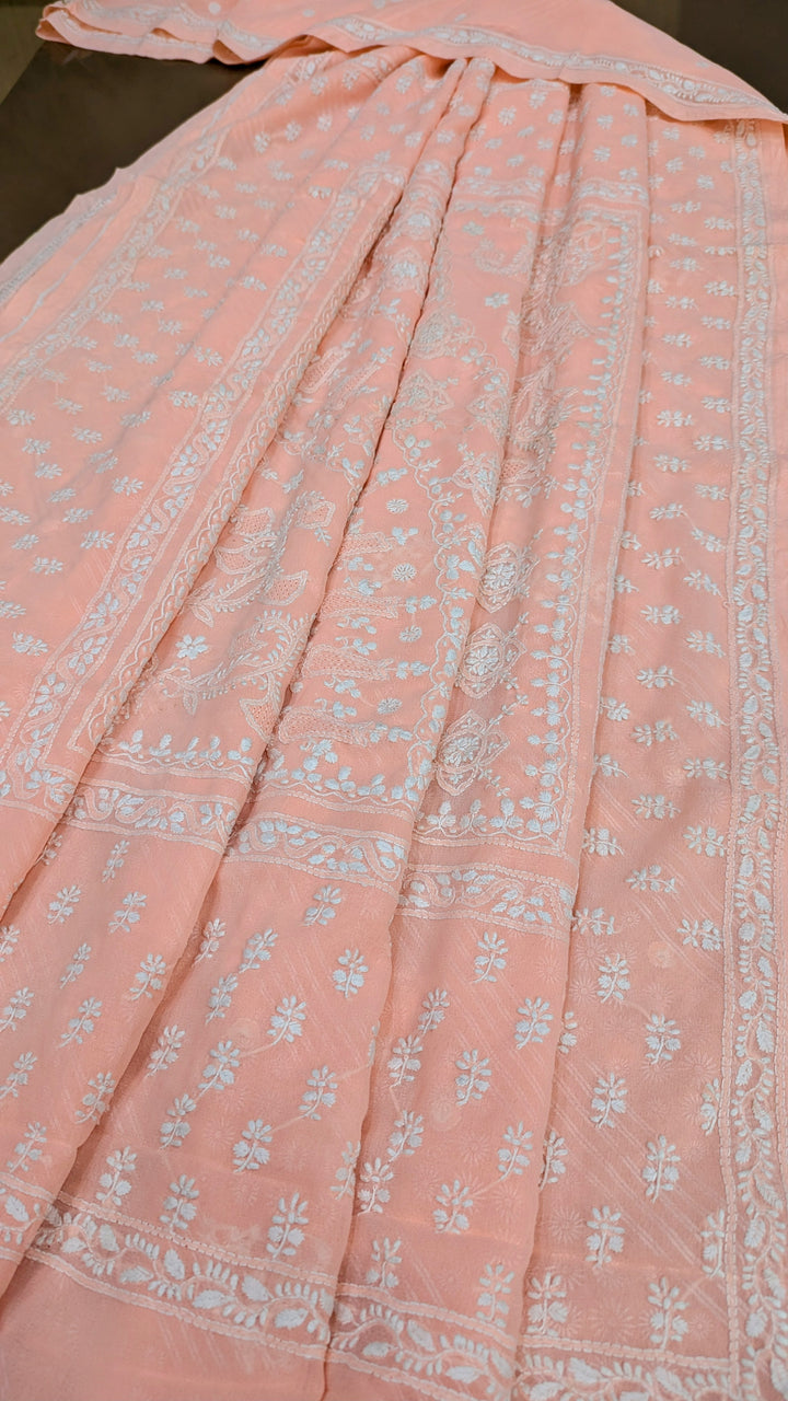 Faux Georgette Hand Chikankari Saree with Exclusive Border & Palla Design | Embroidered Blouse Included | Authentic Lucknow Handicraft by Paridhan Chikan