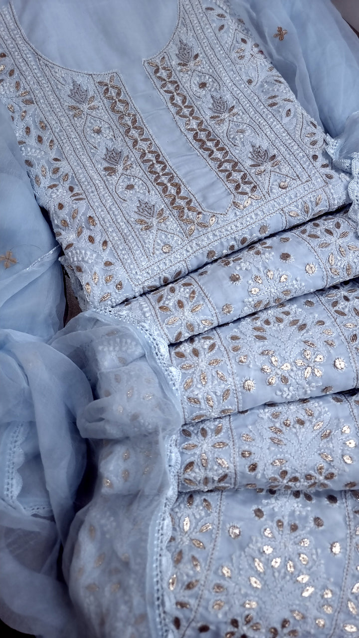 Powder Blue Unstitched Soft Cotton Chikankari Suit Set – Aari, Kasab & Gotta Patti Embellished with Pure Chiffon Dupatta