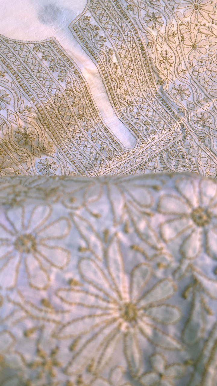 Pure Paper Silk Chikankari Fabric | Full Jaal Hand Embroidery Kurta Fabric for Women