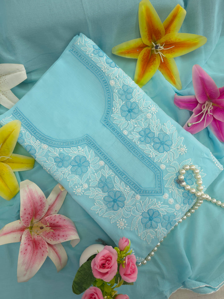 Paridhan Chikan Premium Cool Cotton Chikankari Dress Material Set with Hand Embroidered Kurta, Bottom & Chiffon Dupatta with Handmade Crochet Border