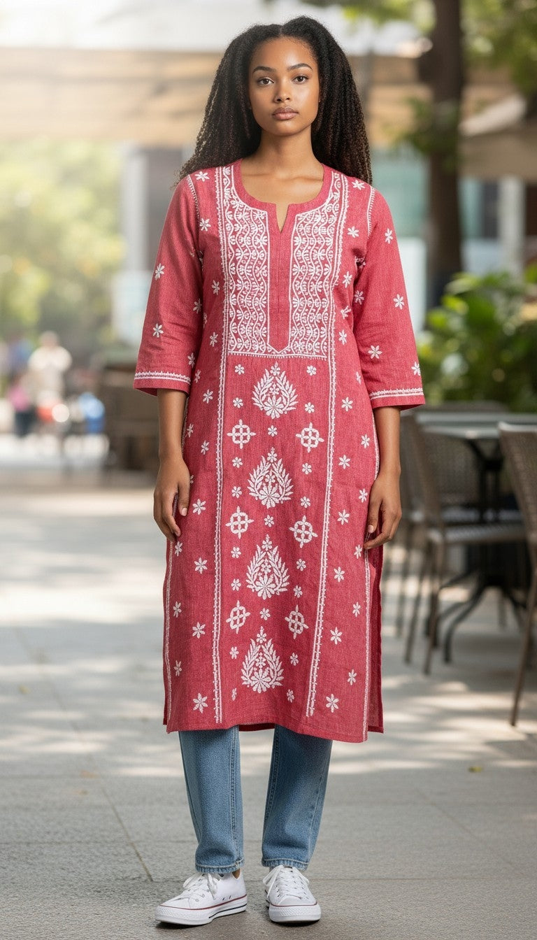 Hand Embroidery Chikankari Linen Kurti - Brick Red