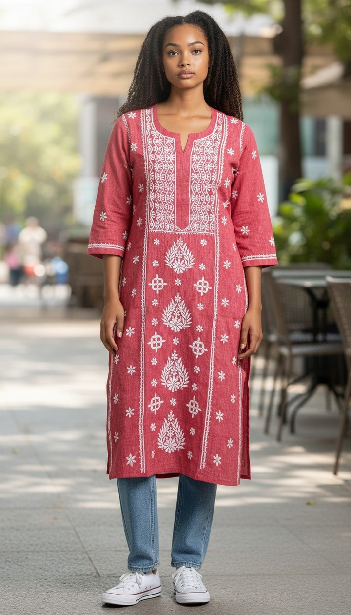 Hand Embroidery Chikankari Linen Kurti - Brick Red
