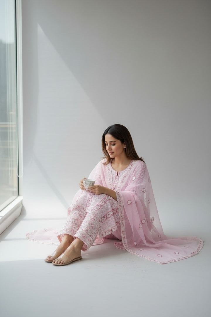 Unstitched Georgette Chikankari Dress Material | Hand Embroidered Kurta, Bottom & Dupatta