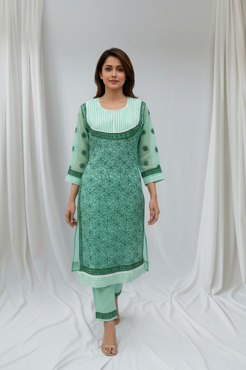 Women’s Georgette Chikankari Kurti – Designer Hand Embroidered Lucknowi Craft by Paridhan Chikan