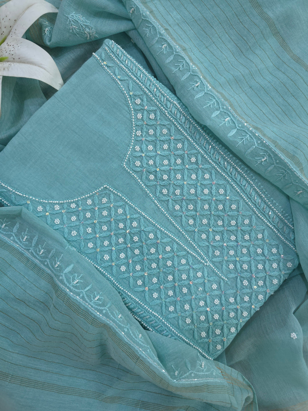 Hiba Premium Mul Chanderi Supersoft Dyeable Chikankari Dress Material | Hand Embroidered with Pearls & Cutdaana | Kurta & Dupatta Set