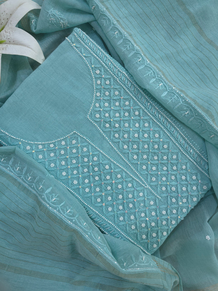 Hiba Premium Mul Chanderi Supersoft Dyeable Chikankari Dress Material | Hand Embroidered with Pearls & Cutdaana | Kurta & Dupatta Set