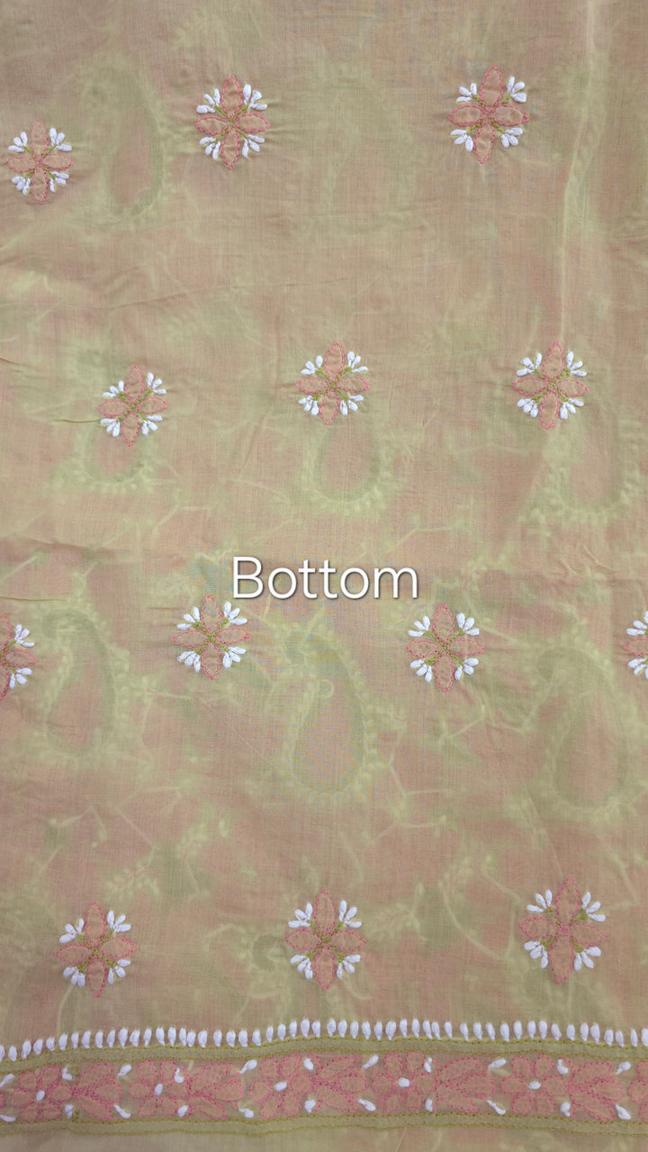 Lucknow Chikankari Hand Embroidered Cotton Dress Material with Tri-Color Motifs & Pure Chiffon Dupatta