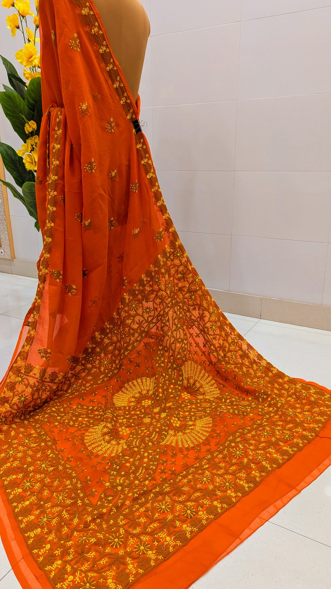 Faux Georgette Hand Chikankari Saree with Exclusive Border & designer Palla Design | Embroidered Blouse Included | Authentic Lucknow Handicraft by Paridhan Chikan