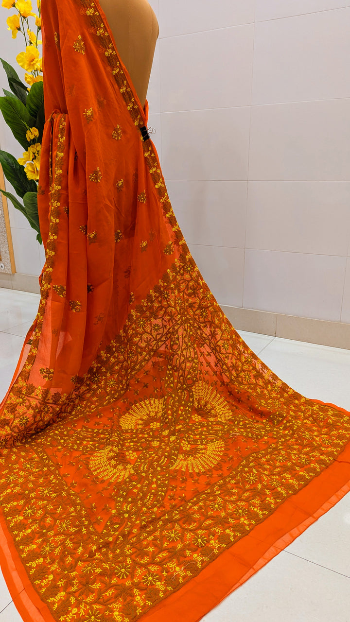 Faux Georgette Hand Chikankari Saree with Exclusive Border & designer Palla Design | Embroidered Blouse Included | Authentic Lucknow Handicraft by Paridhan Chikan