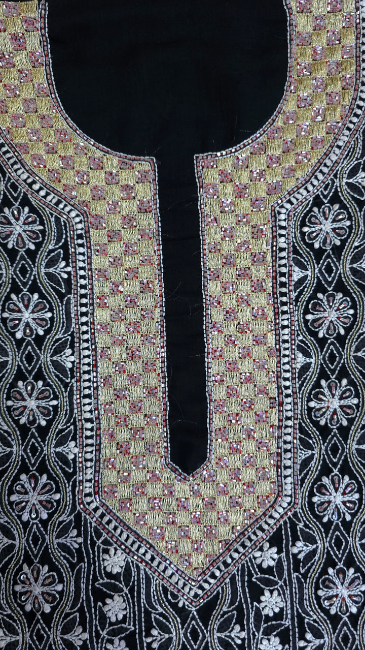 Premium Hand Embroidered Chikankari Cotton Unstitched Dress Material with Pure Chiffon Dupatta