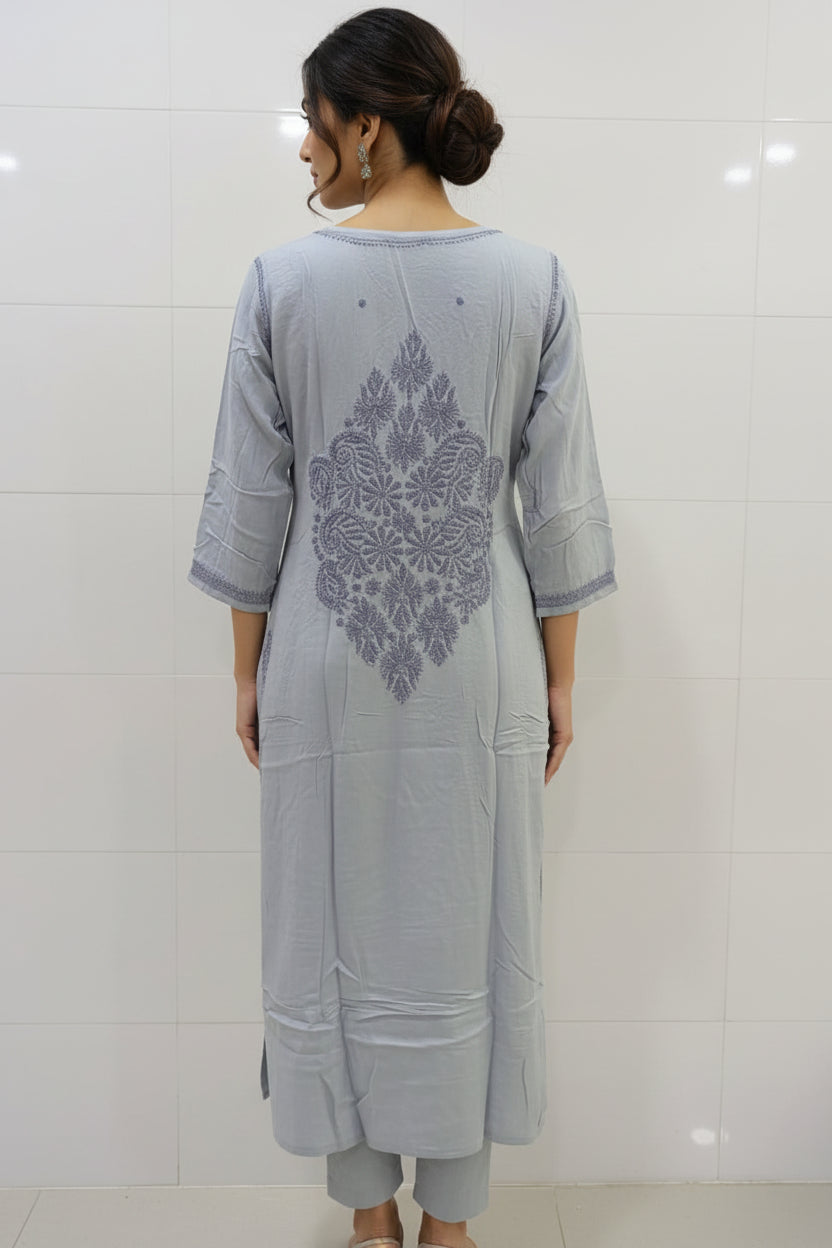 Soft Cotton Polo Fabric Lucknowi Chikankari Long Kurti | 100% Hand Embroidered | Non-Transparent | No Shrinkage
