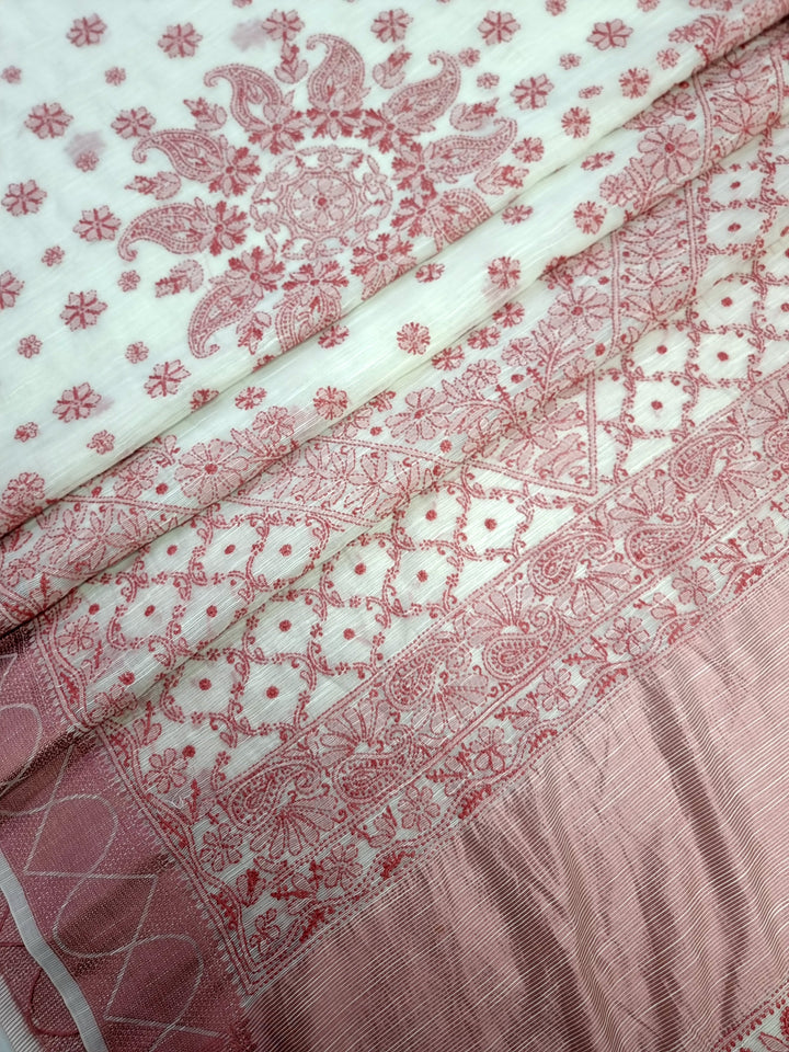 Hand Embroidered Chikankari Banarasi Silk Saree with Intricate Border & Palla Pattern – Includes  Blouse | Paridhan Chikan