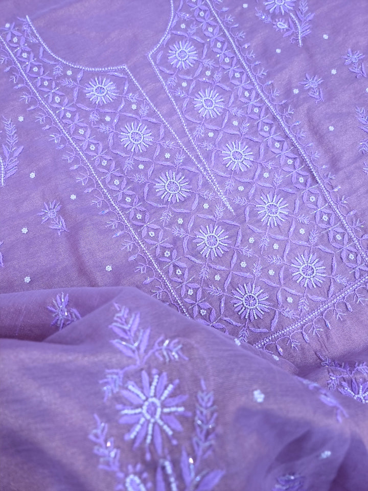 Soft Tissue Chikankari Unstitched Dress Material | 3 Taar Hand Embroidery with Pearl & Cutdana Work + Golden Border Dupatta